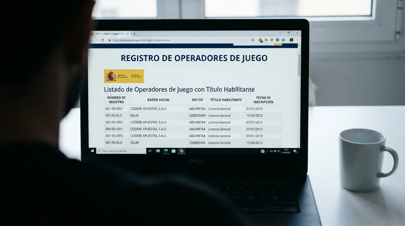 El logotipo oficial de la Dirección General de Ordenación del Juego junto al dominio ordenacionjuego.es en la barra de un navegador, con el texto «Registro de operadores de juego» visible en pantalla