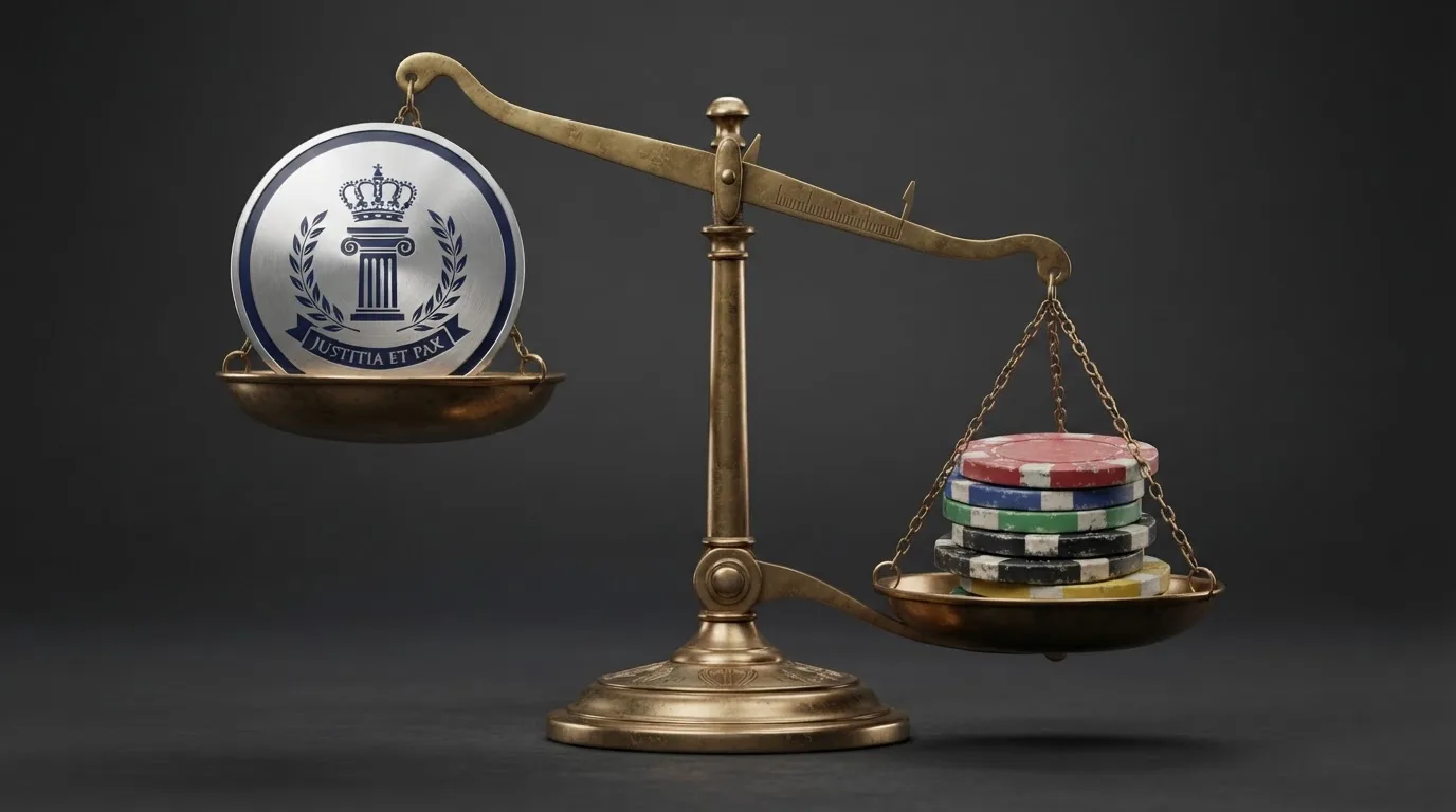 Una balanza con el escudo de la DGOJ en un platillo y fichas de casino con el logo de Dogecoin en el otro, inclinada hacia el lado de las fichas