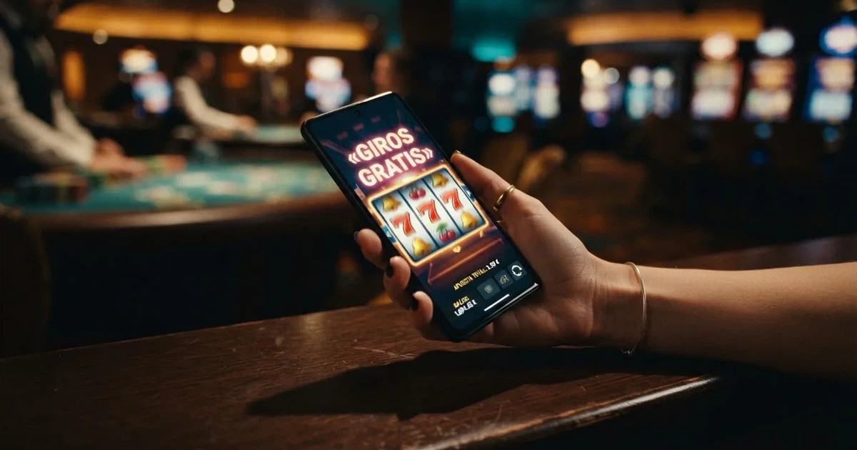 Manos sobre un móvil mostrando una ruleta de tragaperras con el texto «giros gratis» en pantalla, fondo de casino online con licencia española