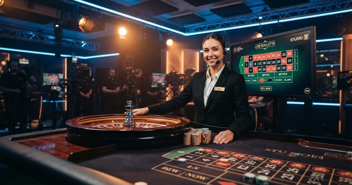 Mesa de casino en vivo con crupier hispanohablante y la interfaz de juego de Evolution Gaming en primer plano