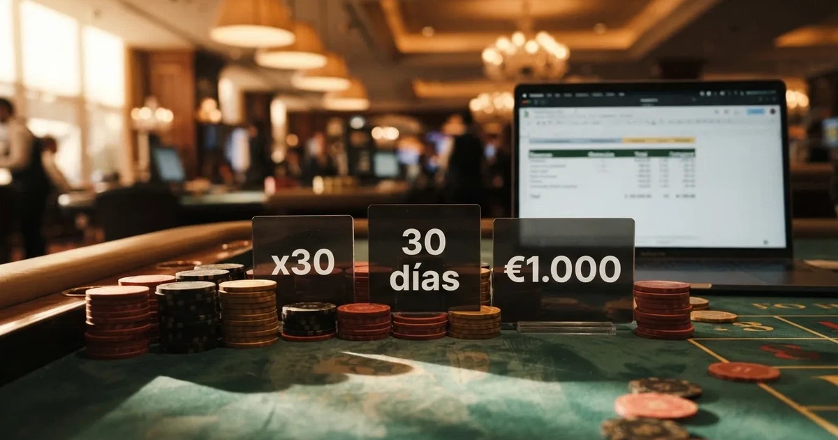 Tres indicadores numéricos — rollover, plazo de caducidad y tope de ganancias — destacados sobre un fondo de fichas de casino y una pantalla con una tabla comparativa