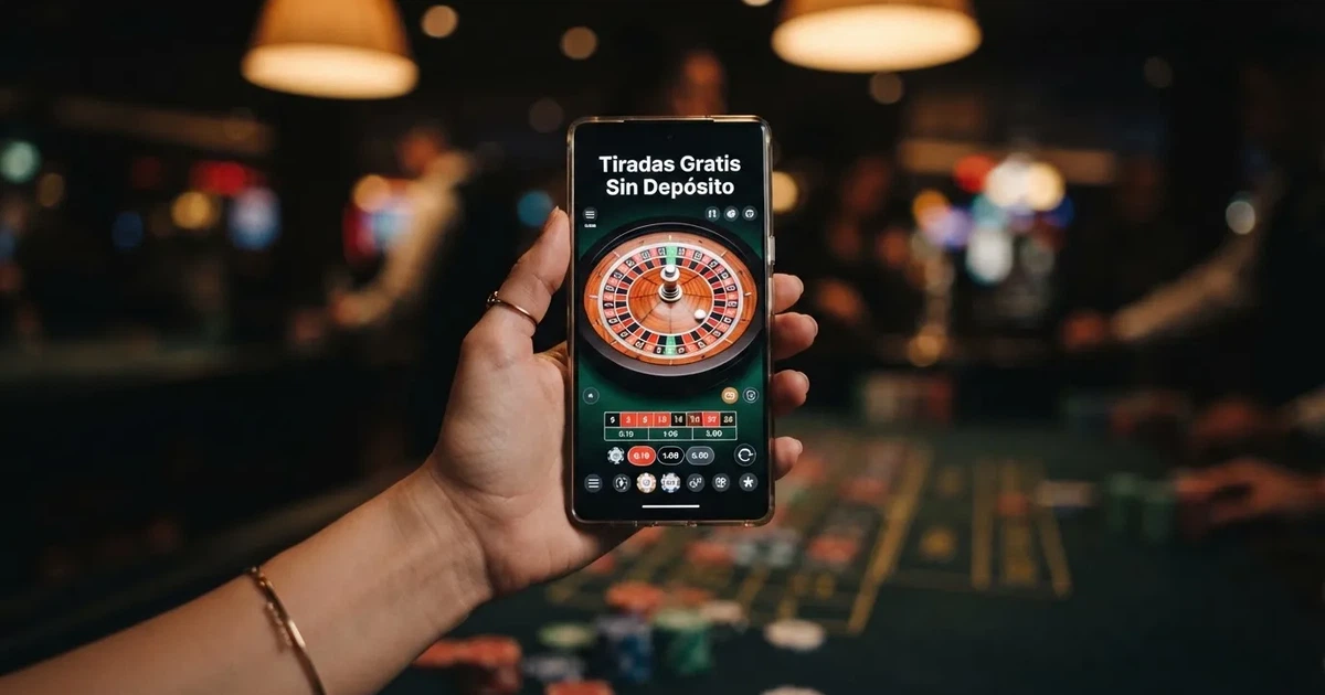 Mano sujetando un móvil con una ruleta de casino en pantalla y el texto «Tiradas Gratis Sin Depósito» visible, sobre fondo oscuro con fichas de póquer desenfocadas