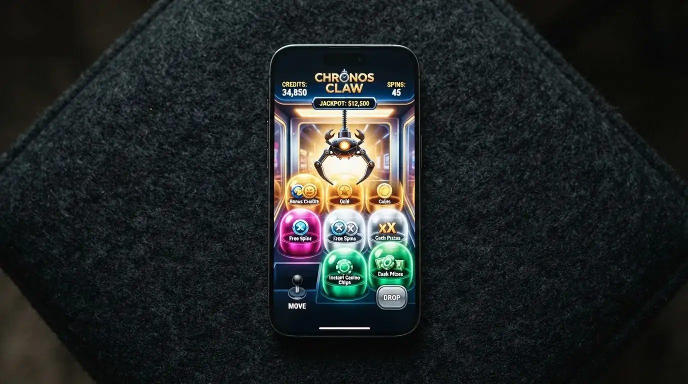Interfaz del minijuego Bonus Crab mostrando la garra mecánica y los distintos tipos de premio