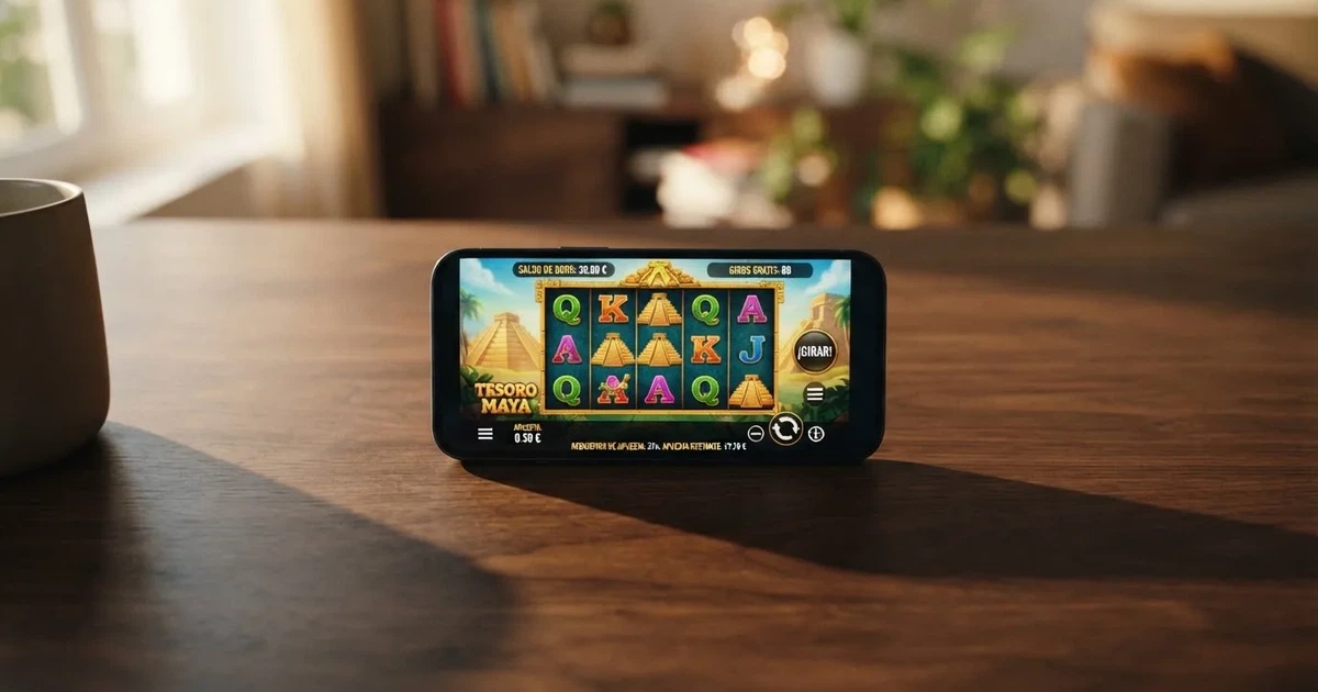 Pantalla de un casino online en un móvil con giros gratis, saldo de bono y las condiciones de la oferta a la vista
