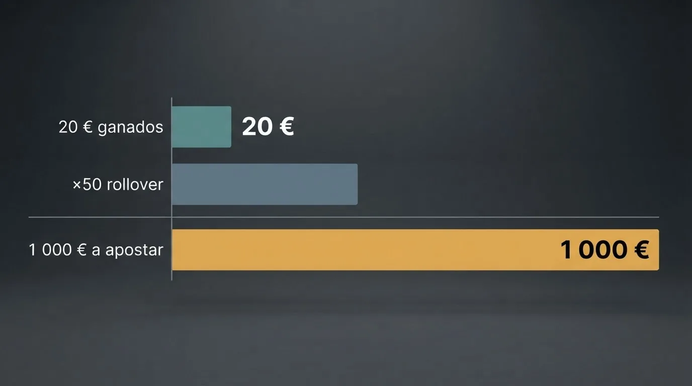 Representación visual de un cálculo de rollover: una cantidad de dinero multiplicada por el requisito de apuesta que muestra el total real que hay que jugar.