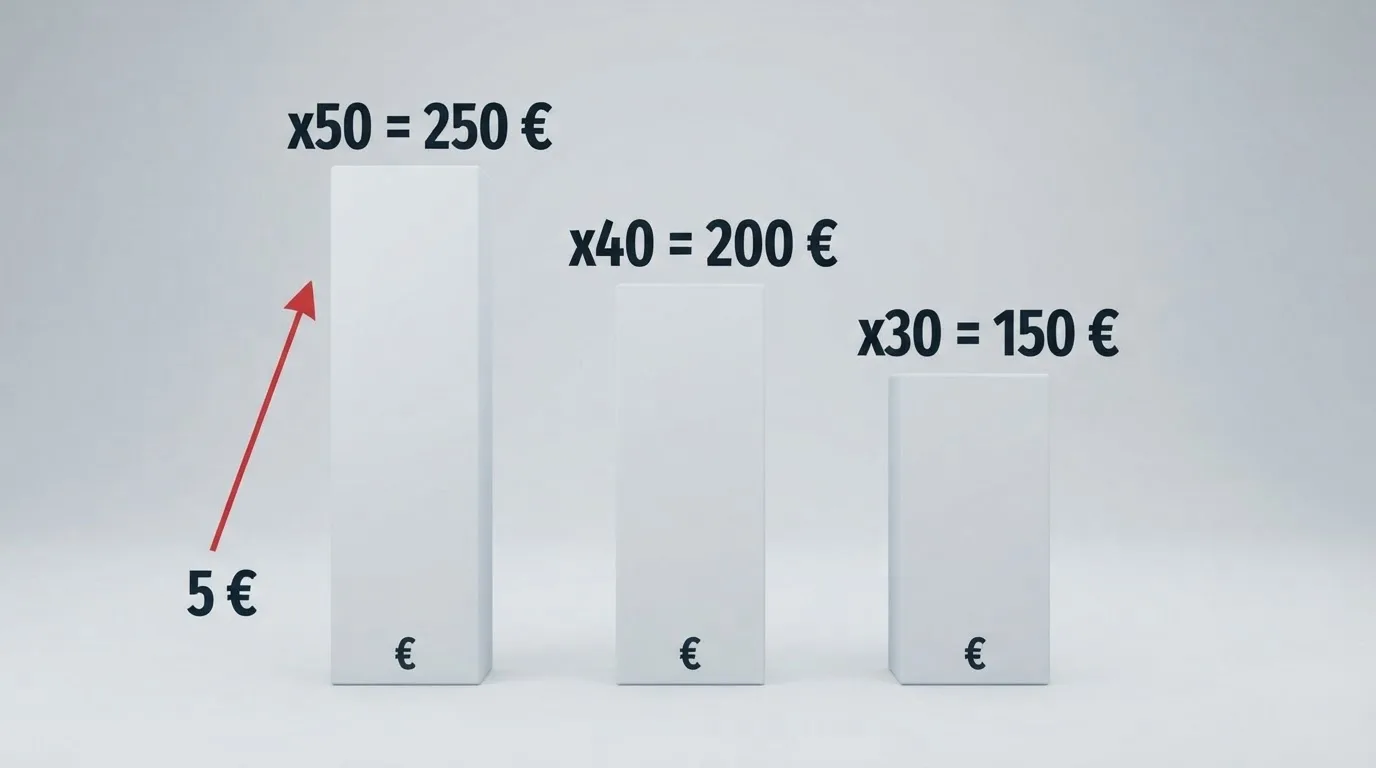 Infografía que desglosa el efecto del rollover sobre un bono de5 euros: una flecha multiplica5 € ×40 =200 € en apuestas exigidas