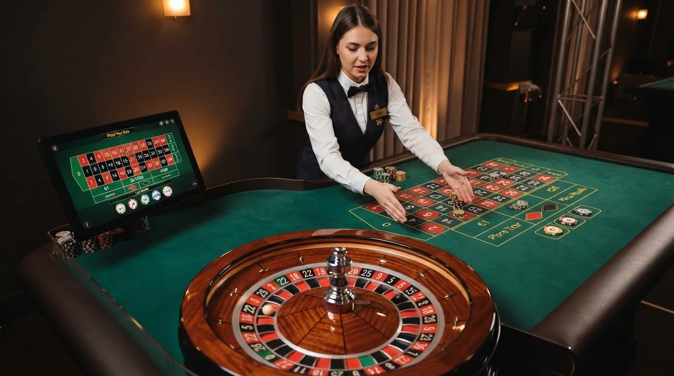 Mesa de ruleta en vivo con la interfaz de apuestas en pantalla y el crupier visible en el centro del encuadre