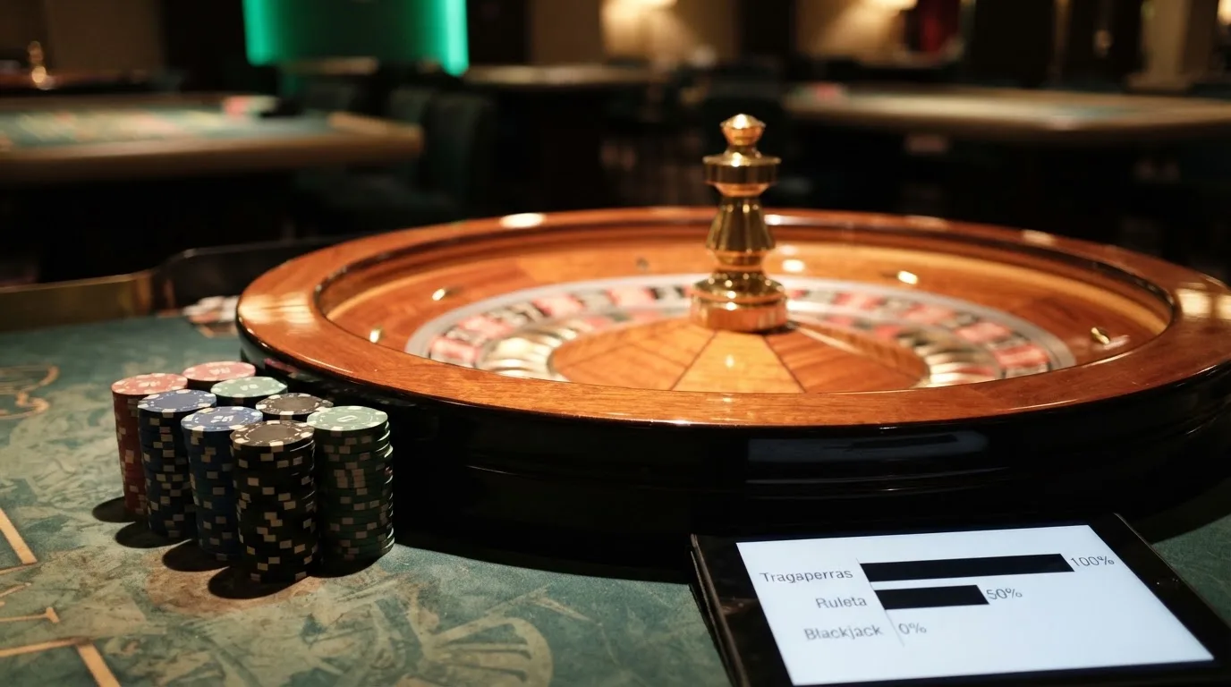 Primer plano de una ruleta en vivo con fichas apiladas y una pantalla secundaria mostrando los porcentajes de contribución al rollover por tipo de juego