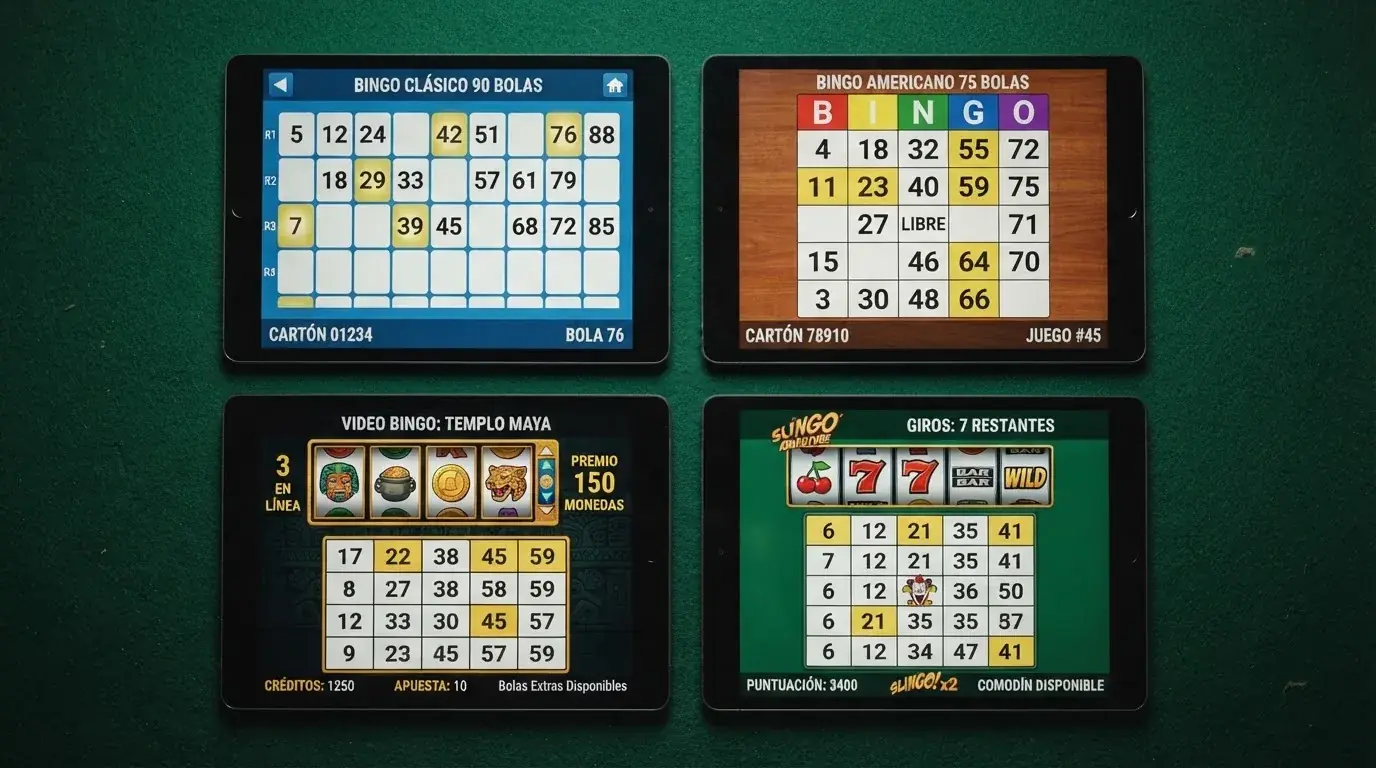 Cuatro ventanas con variantes de bingo online: cartón de 90 bolas, cartón de 75 bolas con colores B-I-N-G-O, interfaz de video bingo y pantalla de Slingo