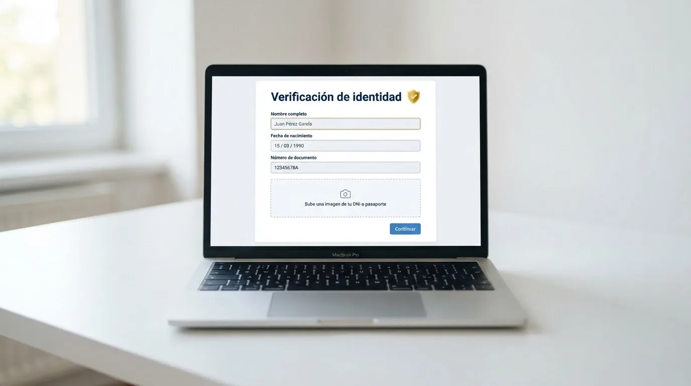 Proceso de verificación de identidad en un casino online español: subida de DNI y datos personales.