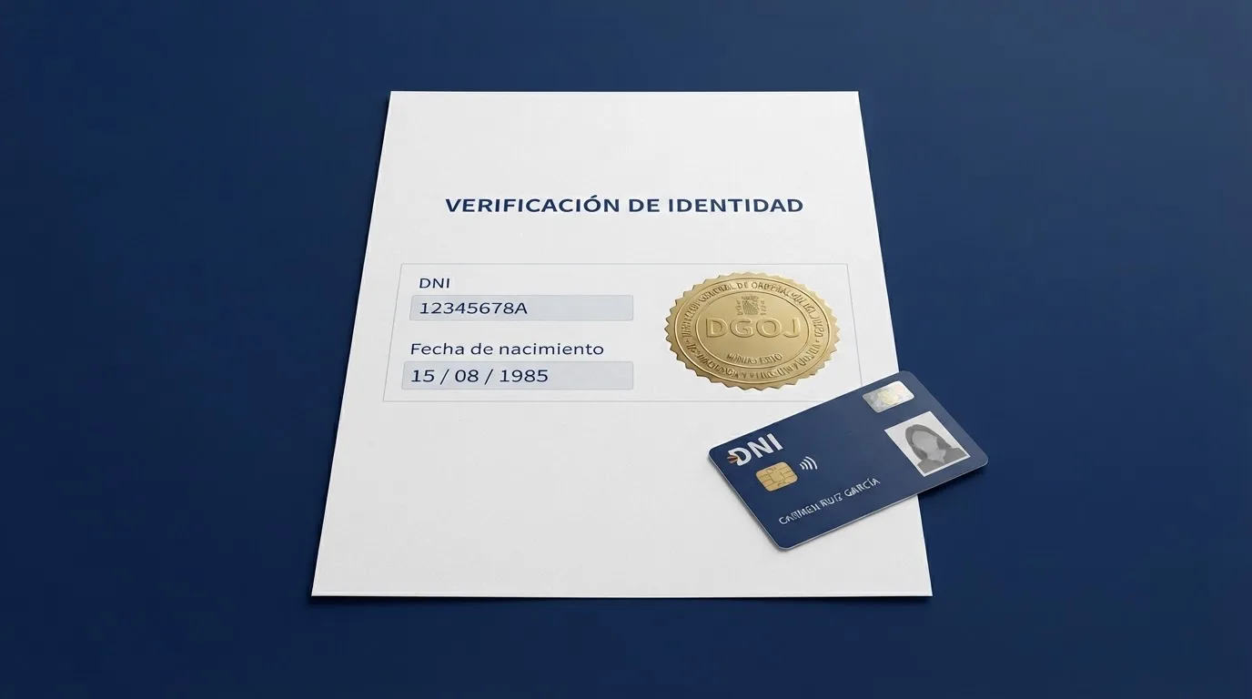 Documento oficial con el sello de la DGOJ junto a un formulario de verificación de identidad con los campos de DNI y fecha de nacimiento